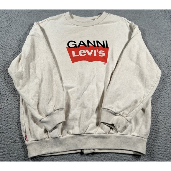 Ganni Levis Sweatshirt Womens Small Beige Crewneck Snap Back Pullover Logo Rare - Picture 1 of 10